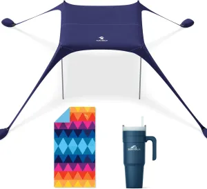 SUN NINJA Beach Tent Bundle with Beach Towel and 40oz Insulated Tumbler - UPF 50  Sun Protection, Sand-Free, Quick-Drying, Easy Setup & Portable for Family Beach Day