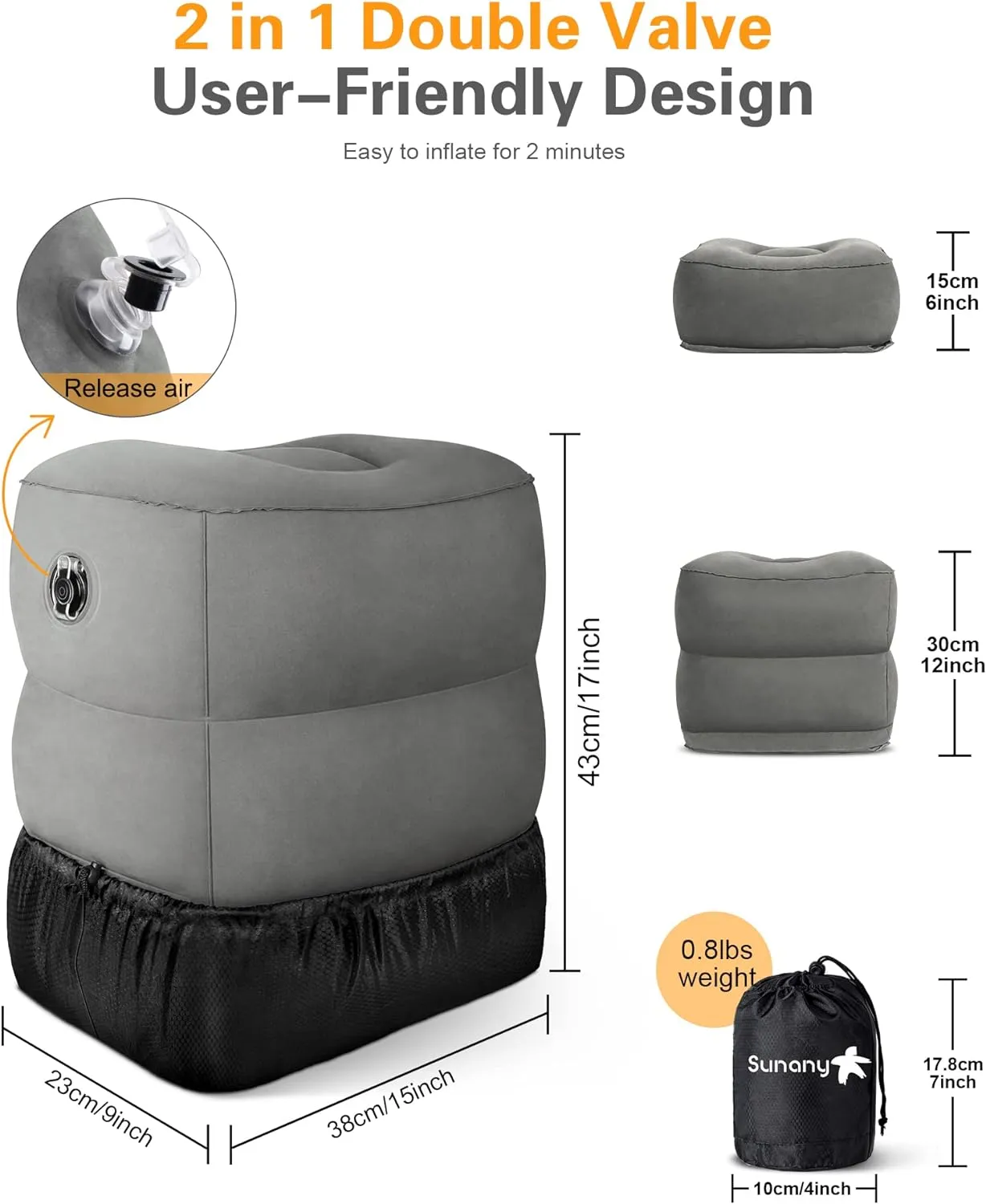 Sunany Inflatable Foot Rest Pillow for Airplane - Kids/Adults - Adjustable Height Cushions, to Sleep While Traveling,Suitable for Office,Home and Any Travel（Dark Grey,2 Pack）
