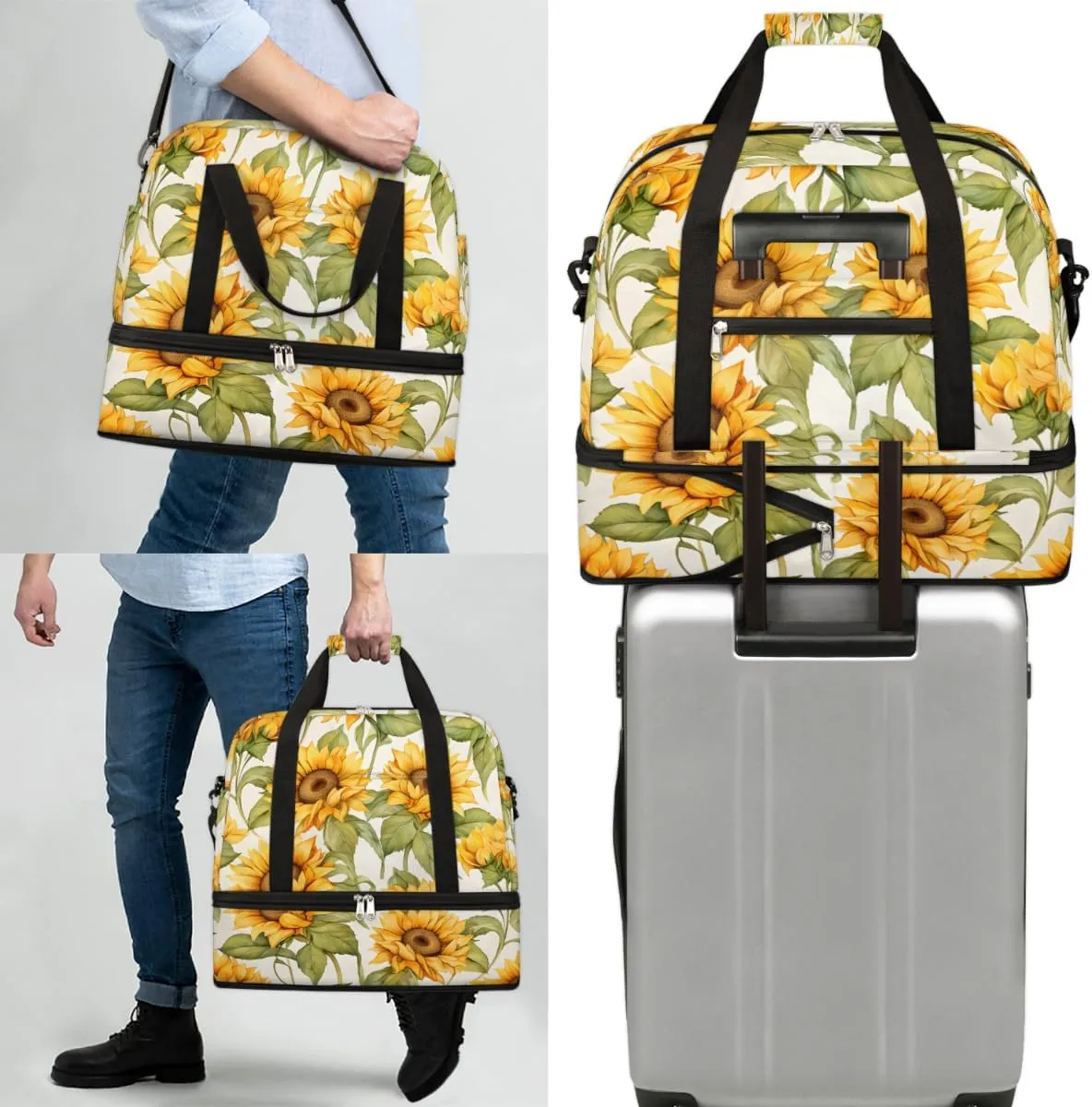 Sunflower Flowers Foldable Duffle Bag with Shoes Compartment Large Capacity Waterproof Travel Weekender Bag Overnight Bag for Sports Gym