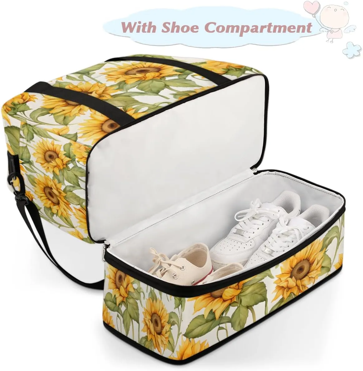 Sunflower Flowers Foldable Duffle Bag with Shoes Compartment Large Capacity Waterproof Travel Weekender Bag Overnight Bag for Sports Gym