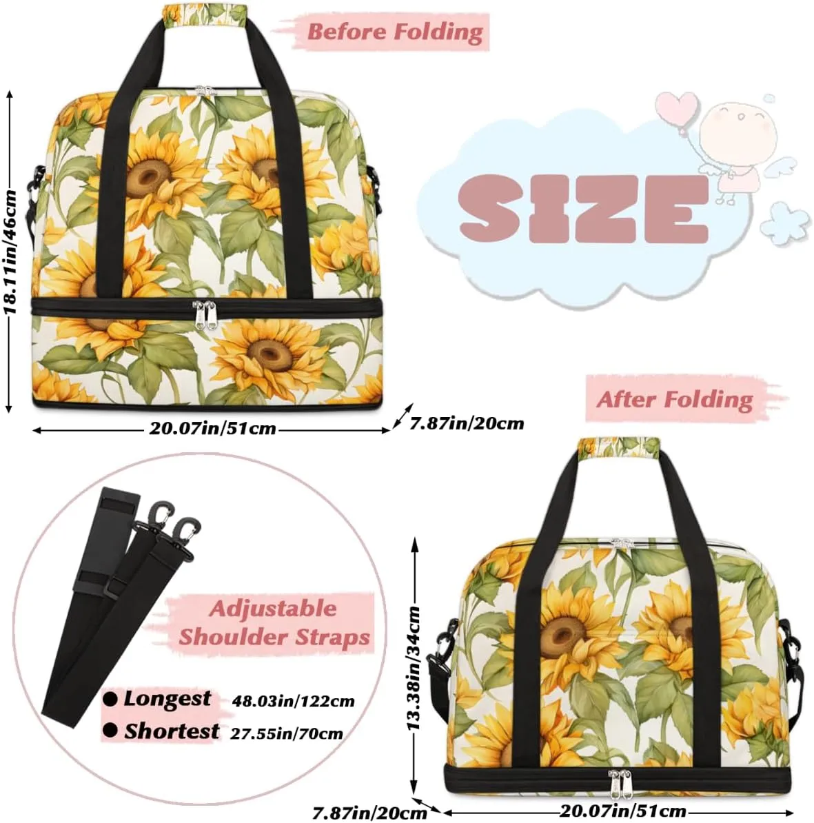 Sunflower Flowers Foldable Duffle Bag with Shoes Compartment Large Capacity Waterproof Travel Weekender Bag Overnight Bag for Sports Gym