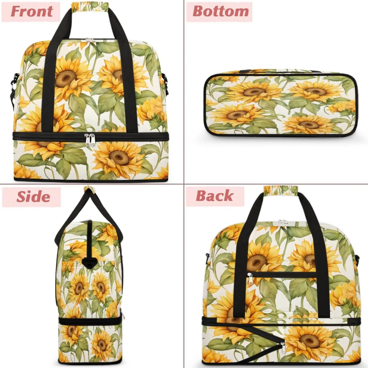 Sunflower Flowers Foldable Duffle Bag with Shoes Compartment Large Capacity Waterproof Travel Weekender Bag Overnight Bag for Sports Gym