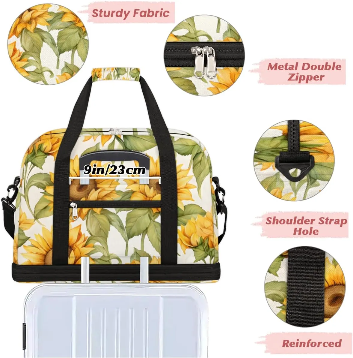 Sunflower Flowers Foldable Duffle Bag with Shoes Compartment Large Capacity Waterproof Travel Weekender Bag Overnight Bag for Sports Gym