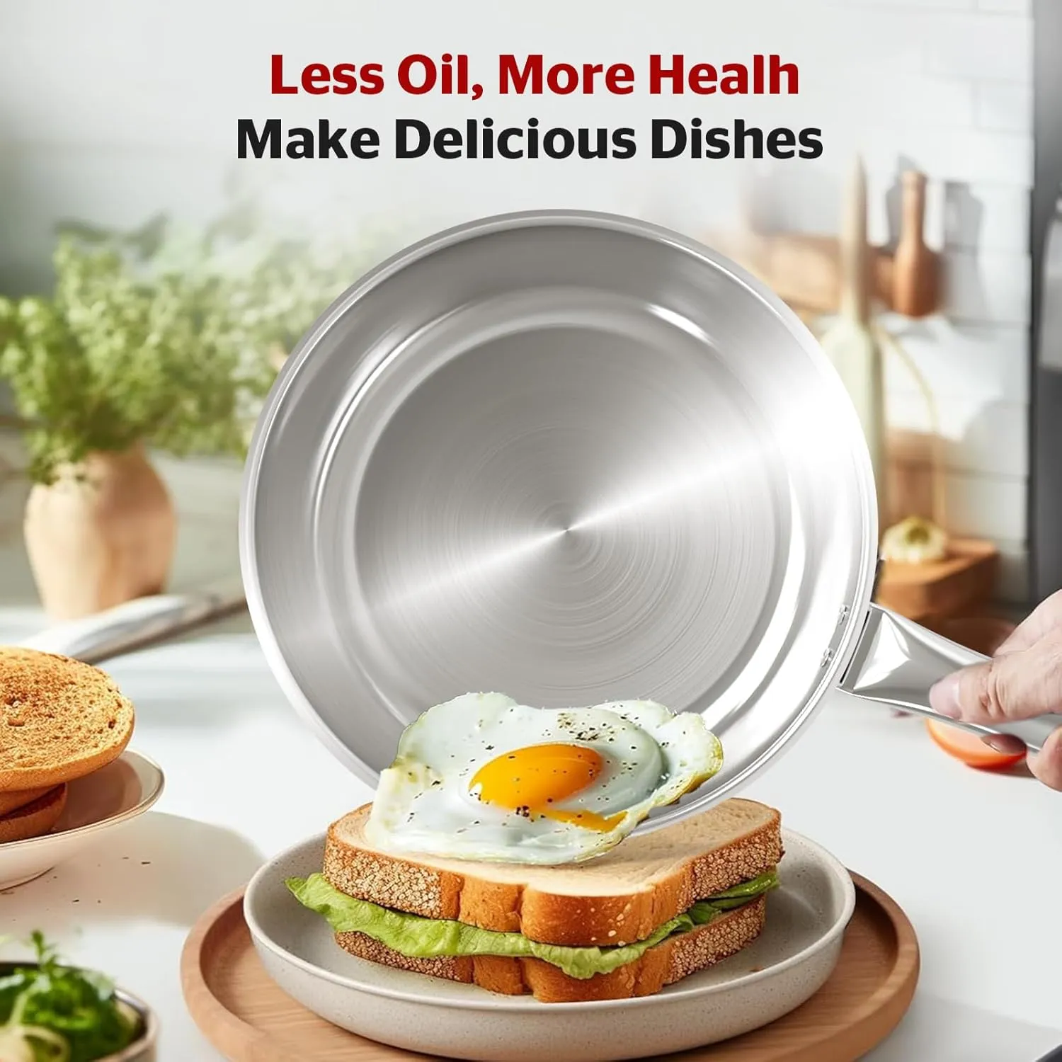 Sunhouse 18/10 11 Inch Stainless Steel Frying Pan, Whole-Clad No Coatings Skillet with Stay-cool Handle for Cooking, Durable & Oven Safe to 500°F, Dishwasher Safe, Compatible with All Cooktops