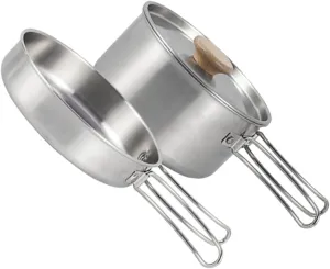 SUPVOX Stainless Steel Camping Pot Folding Handle Professional Camping Pan Set Reusable Frying Pan Outdoor Cooking Accessory