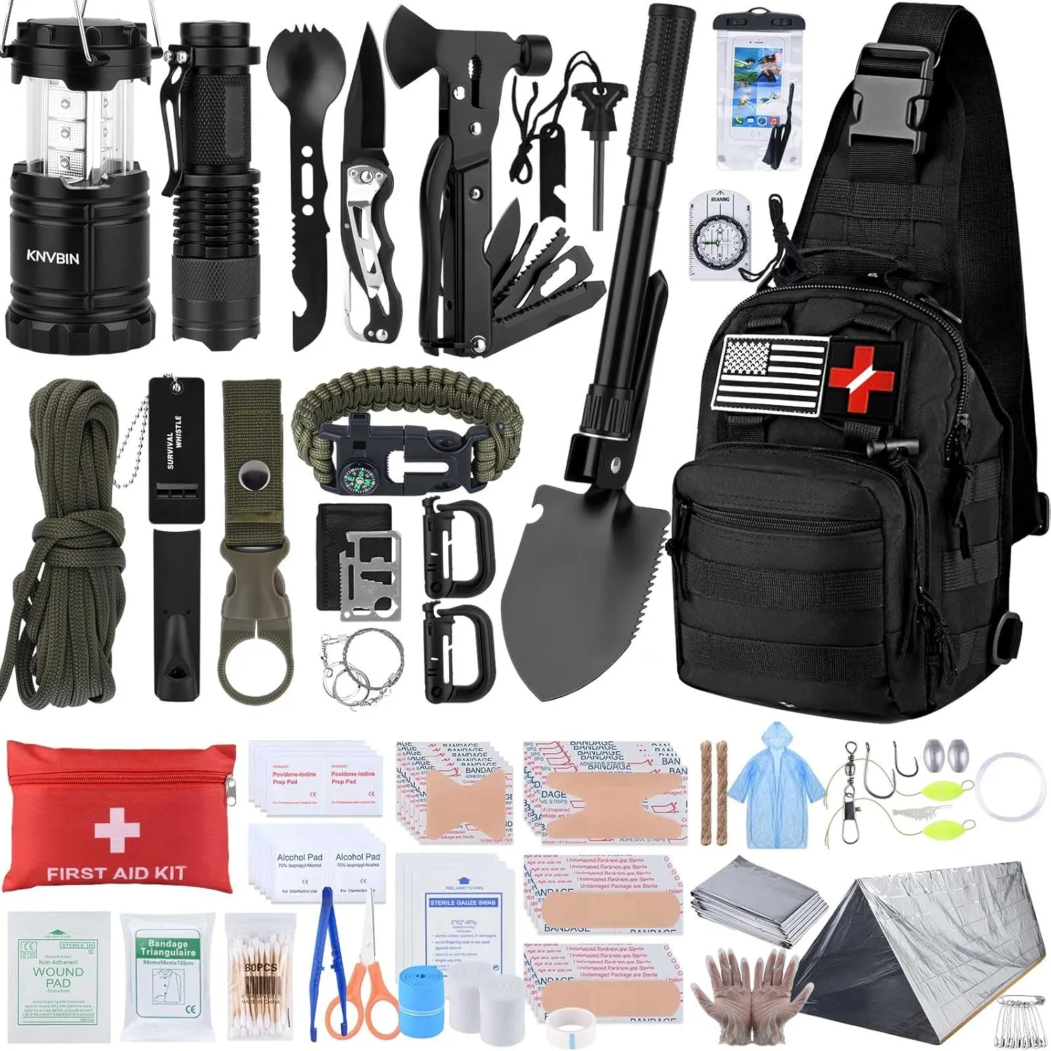 Survival First Aid Kit with Molle Crossbody Bag & Emergency Tent, 250pcs Survival Tools Tactical Gear and Trauma Bag, for Earthquake, Bug Out, Outdoor Adventure, Gifts for Men Father’s Day Dads