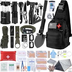 Survival First Aid Kit with Molle Crossbody Bag & Emergency Tent, 250pcs Survival Tools Tactical Gear and Trauma Bag, for Earthquake, Bug Out, Outdoor Adventure, Gifts for Men Father’s Day Dads