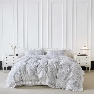 SUSYBAO White Ruffle Duvet Cover Queen 100% Cotton Vintage Blue Floral Duvet Cover 3 Pcs Set 1 French Style Botanical Duvet Cover with Zipper Ties 2 Pillow Shams Soft Farmhouse Flower Bedding Set
