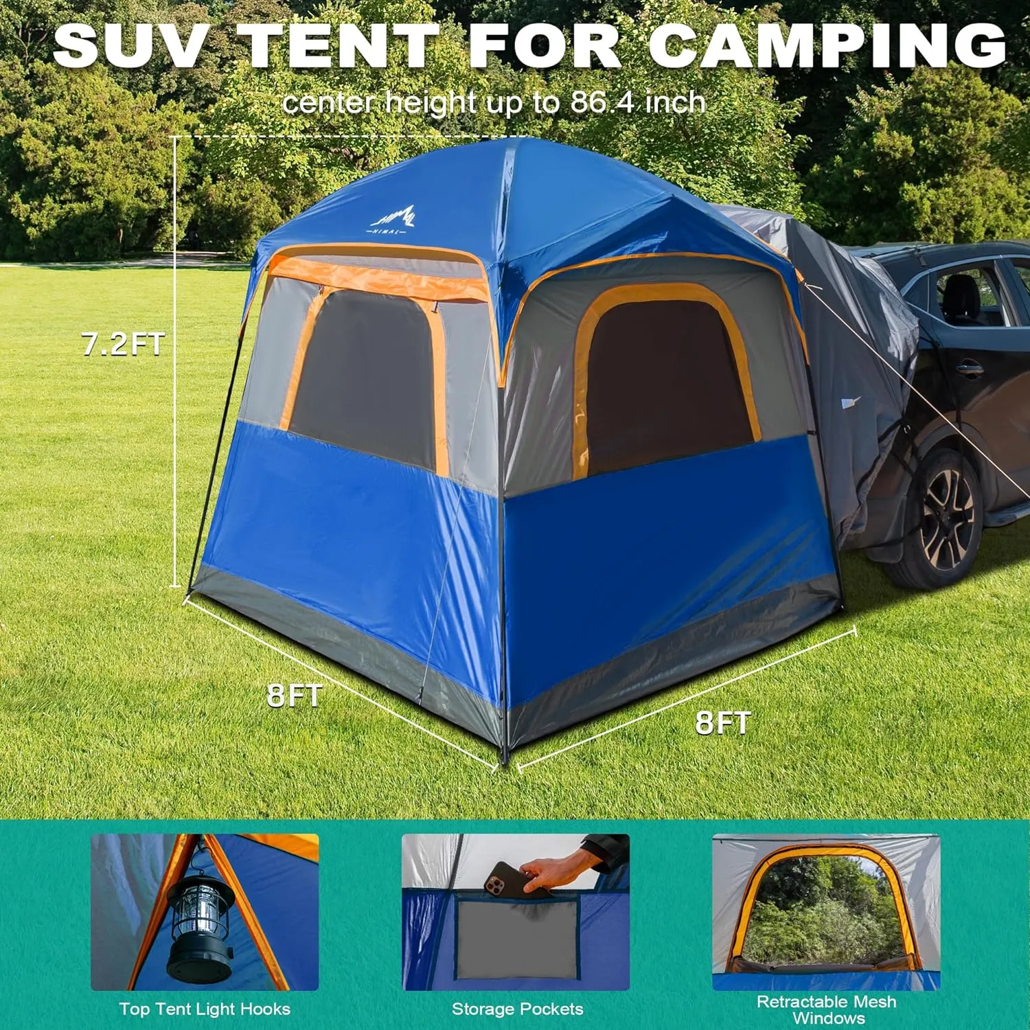 SUV Tent for Camping, Waterproof PU3000mm Spacious Double Layer Design for 5-8 Person, Includes Rainfly and Storage Bag, 8FT L x 8FT W x 7.2FT H (Deep Blue)