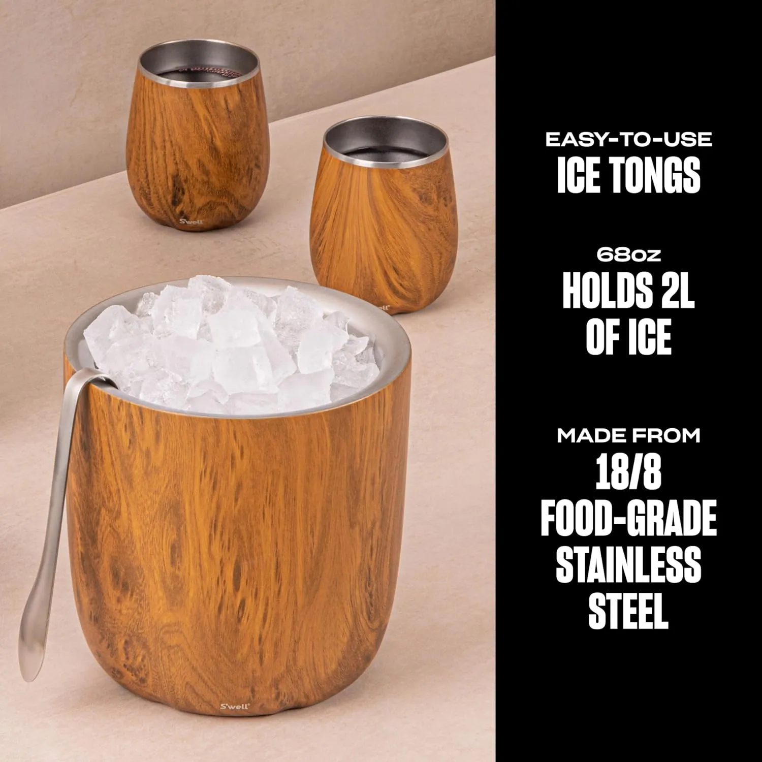 S'well Stainless Steel Ice Bucket with Tongs - Holds 68oz of Ice - Teakwood - Triple-Layered Vacuum-Insulated Container Designed to Keep Ice Colder, Longer - BPA-Free Designer Barware Accessories