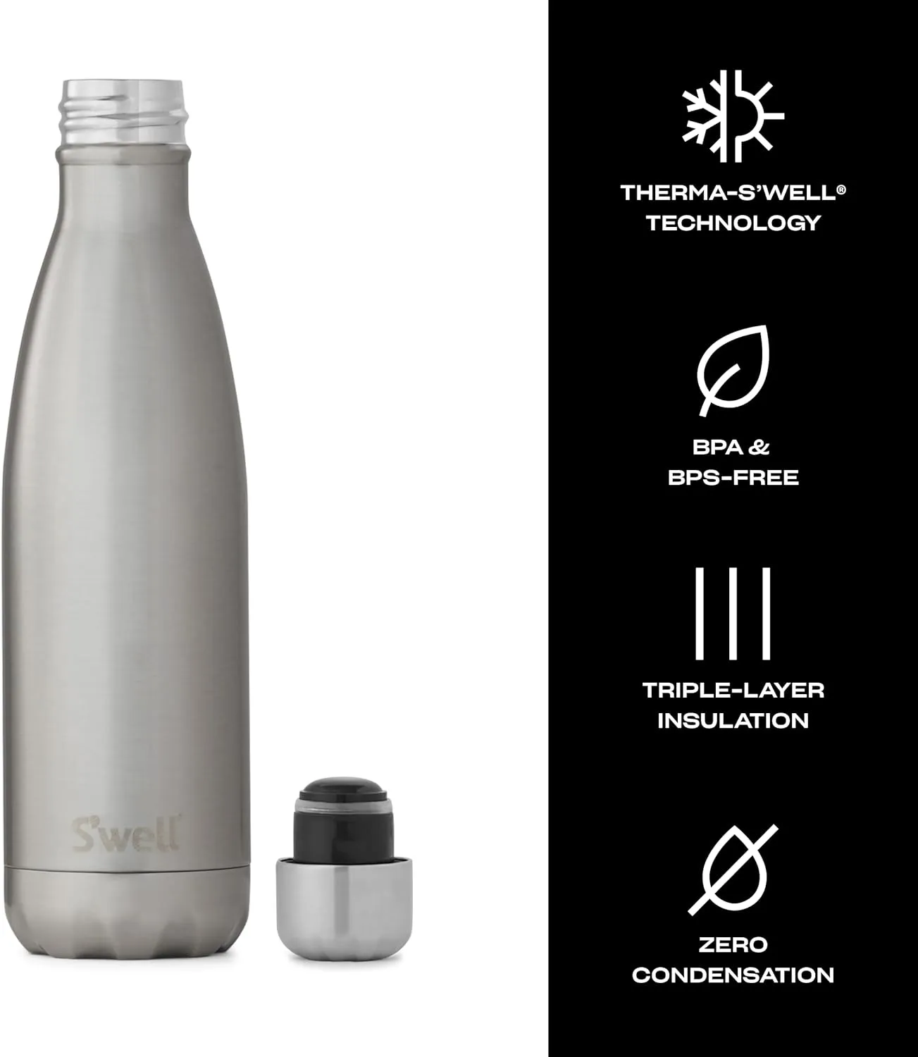 S'well Stainless Steel Water Bottle - 17 Fl Oz - Silver Lining - Triple-Layered Vacuum-Insulated Containers Keeps Drinks Cold for 36 Hours and Hot for 18 - BPA-Free - Perfect for the Go