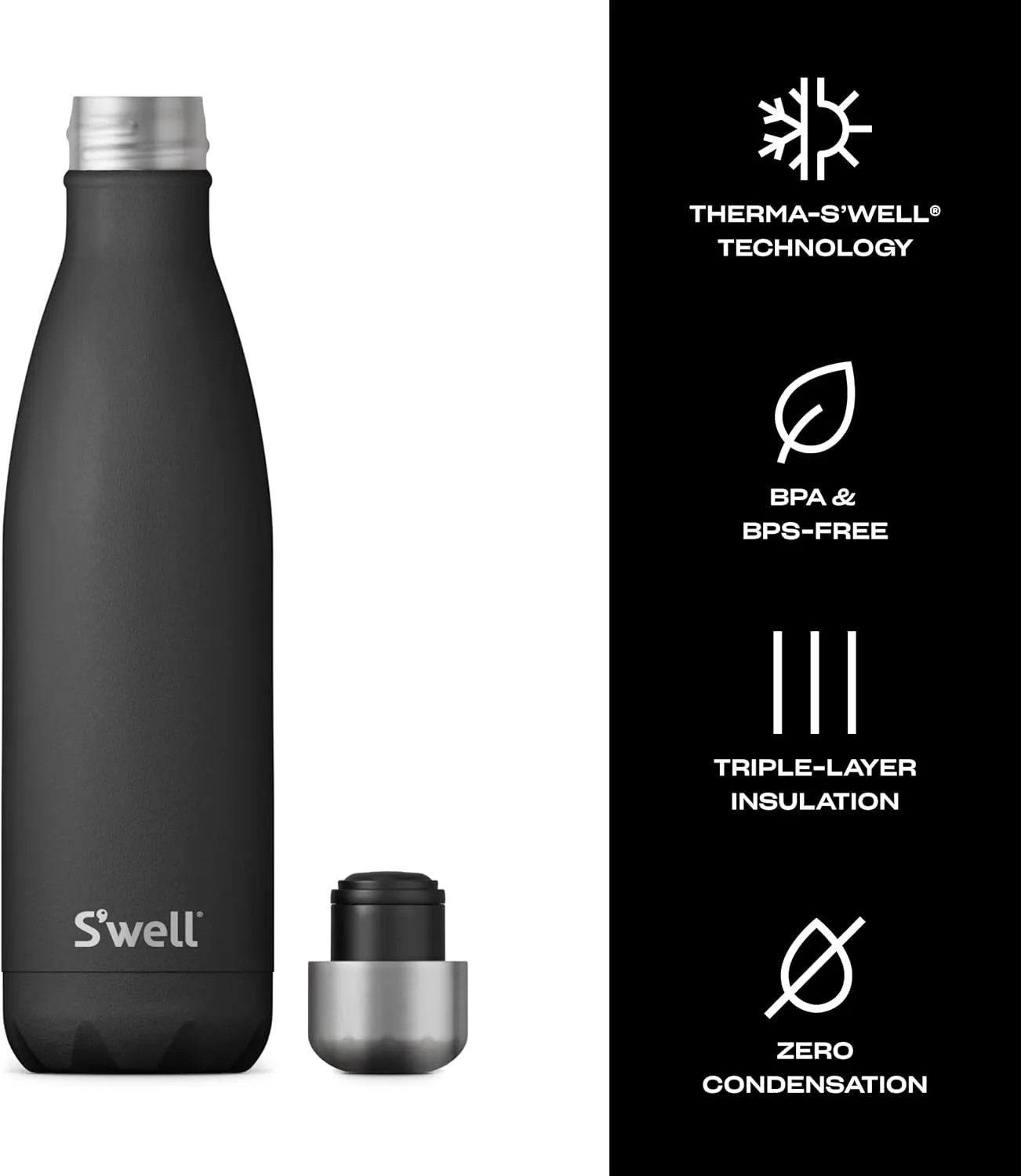 S'well Stainless Steel Water Bottle, 17oz, Onyx, Triple Layered Vacuum-Insulated Containers Keeps Drinks Cold for 36 Hours and Hot for 18, BPA Free, Perfect for On the Go
