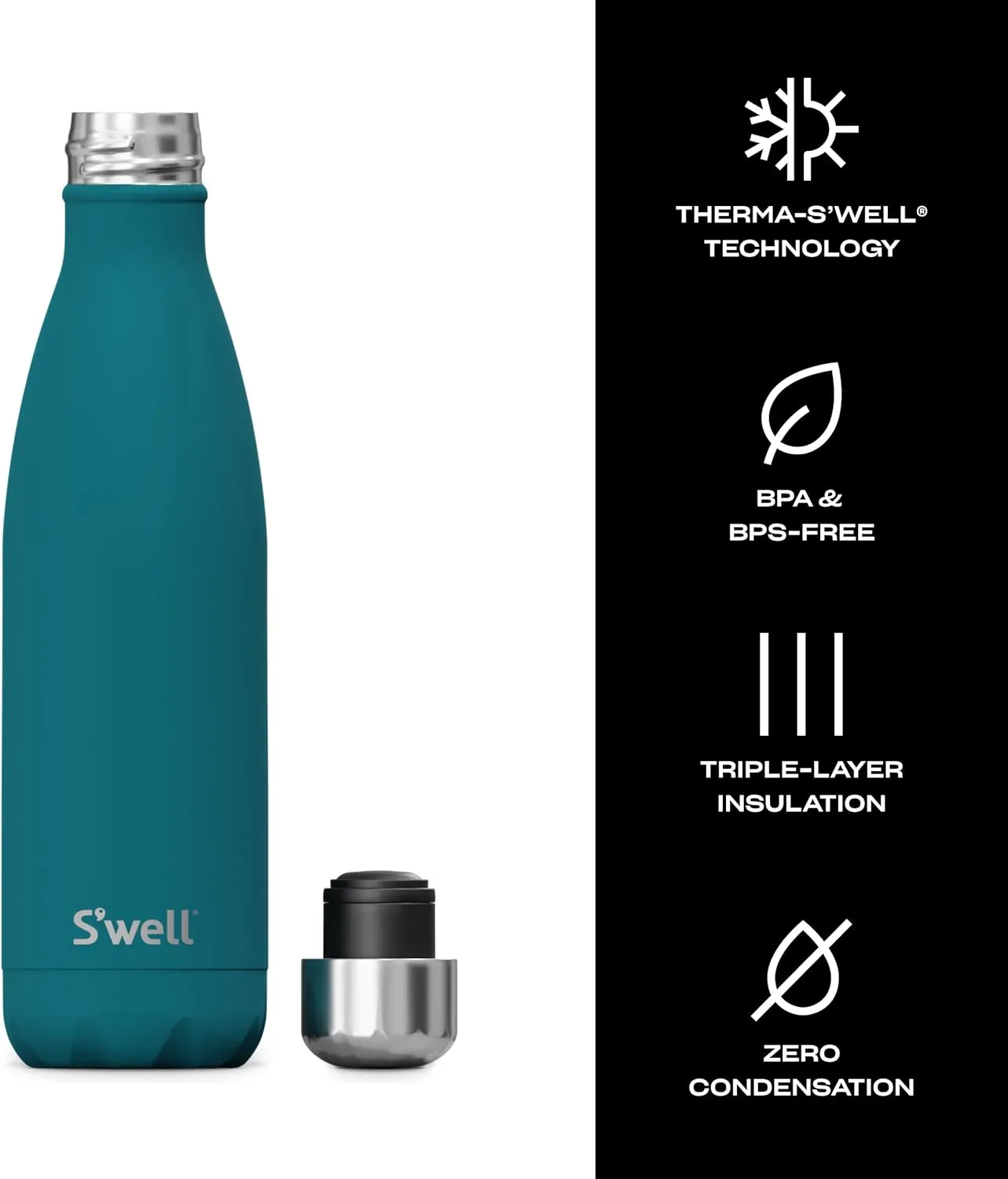 S'well Stainless Steel Water Bottle, 17oz, Peacock Blue, Triple Layered Vacuum Insulated Containers Keeps Drinks Cold for 36 Hours and Hot for 18, BPA Free, Perfect for On the Go