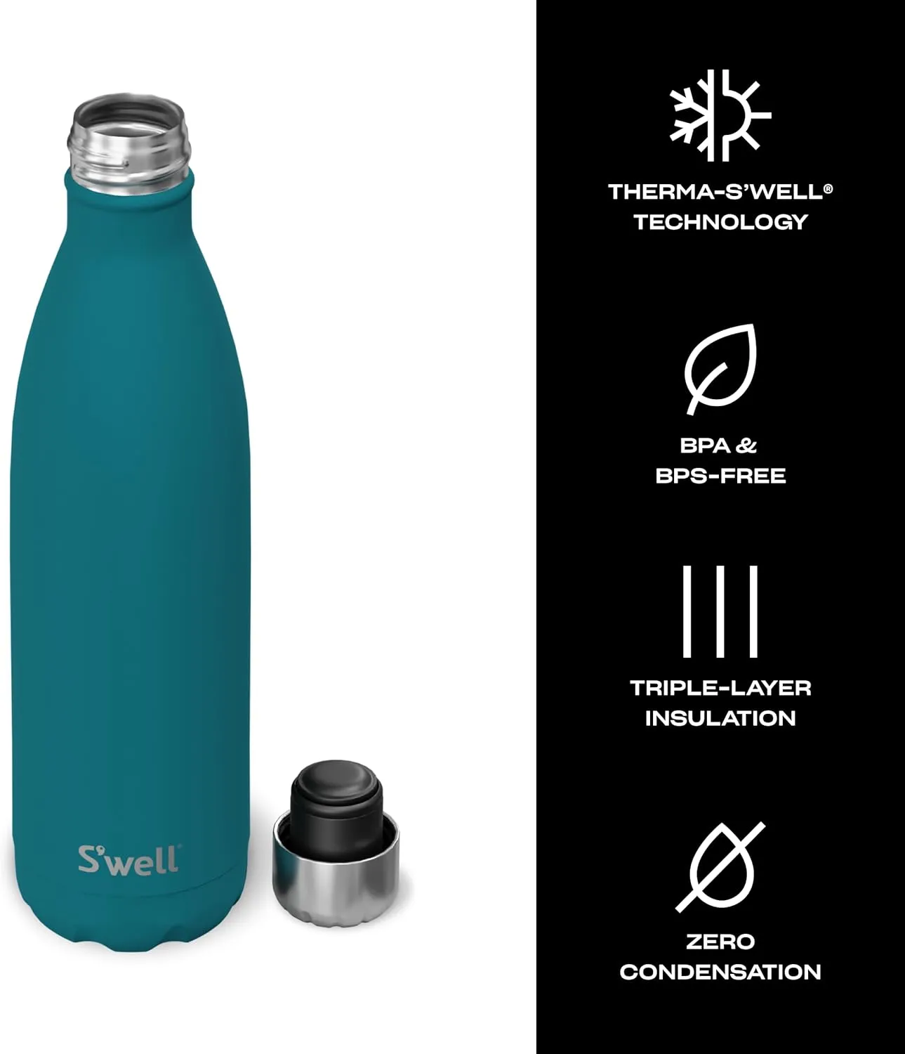 S'well Stainless Steel Water Bottle, 25oz, Peacock Blue, Triple Layered Vacuum Insulated Containers Keeps Drinks Cold for 48 Hours and Hot for 24, BPA Free, Perfect for On the Go