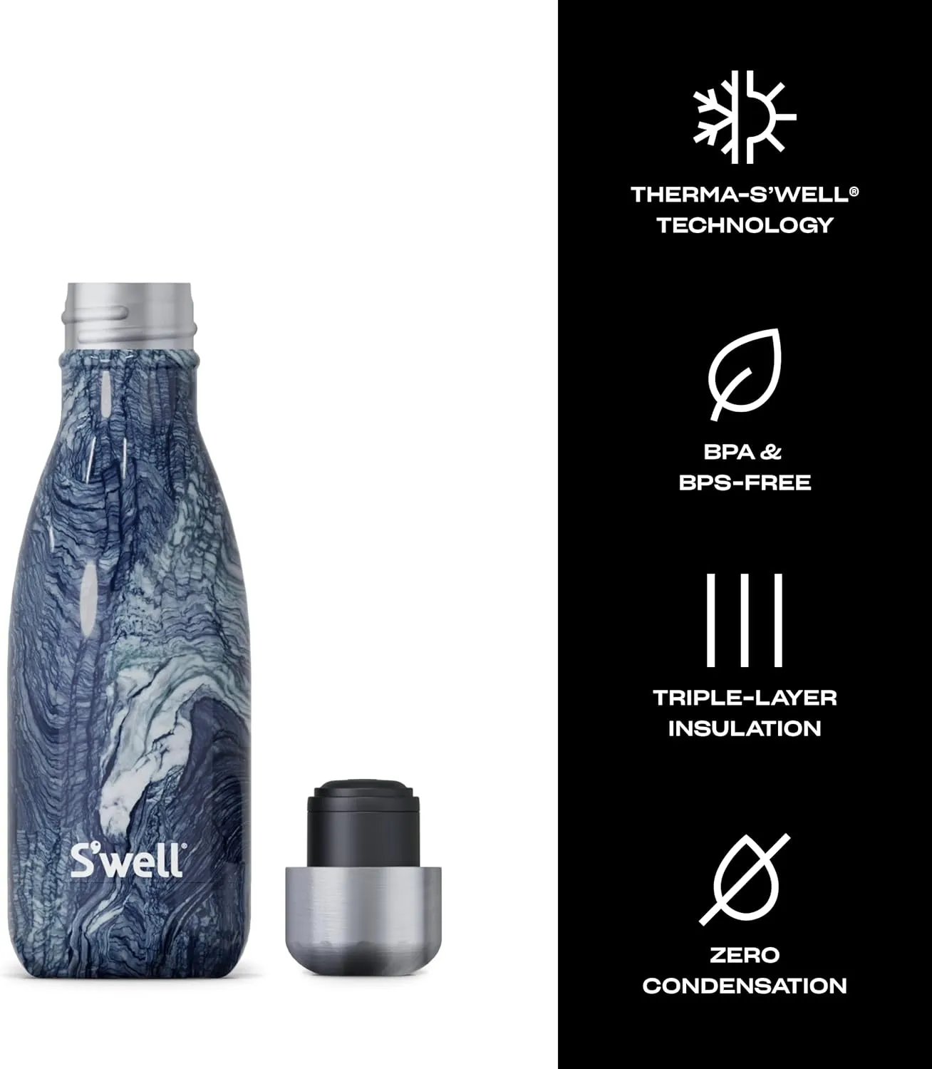 S'well Stainless Steel Water Bottle, 9oz, Azurite Marble, Triple Layered Vacuum Insulated Containers Keeps Drinks Cold for 24 Hours and Hot for 12, BPA Free, Perfect for On the Go
