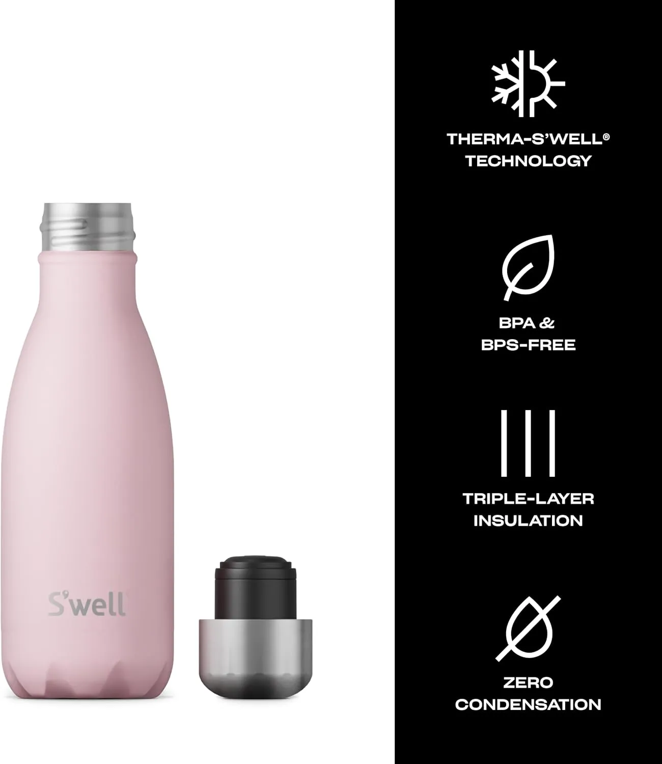 S'well Stainless Steel Water Bottle, 9oz, Pink Topaz, Triple Layered Vacuum Insulated Containers Keeps Drinks Cold for 24 Hours and Hot for 12, BPA Free, Perfect for On the Go