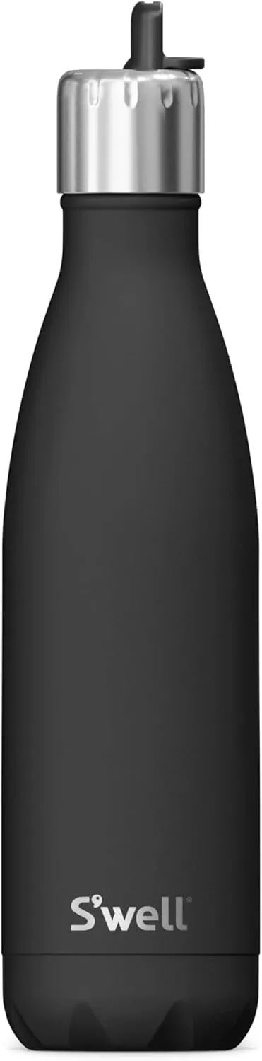 S'well Stainless Steel Water Bottle with Flip Straw Cap, 17oz, Onyx, Triple Layered Vacuum Insulated Containers Keeps Drinks Cold for 36 Hours and Hot for 10, BPA Free, Perfect for On the Go