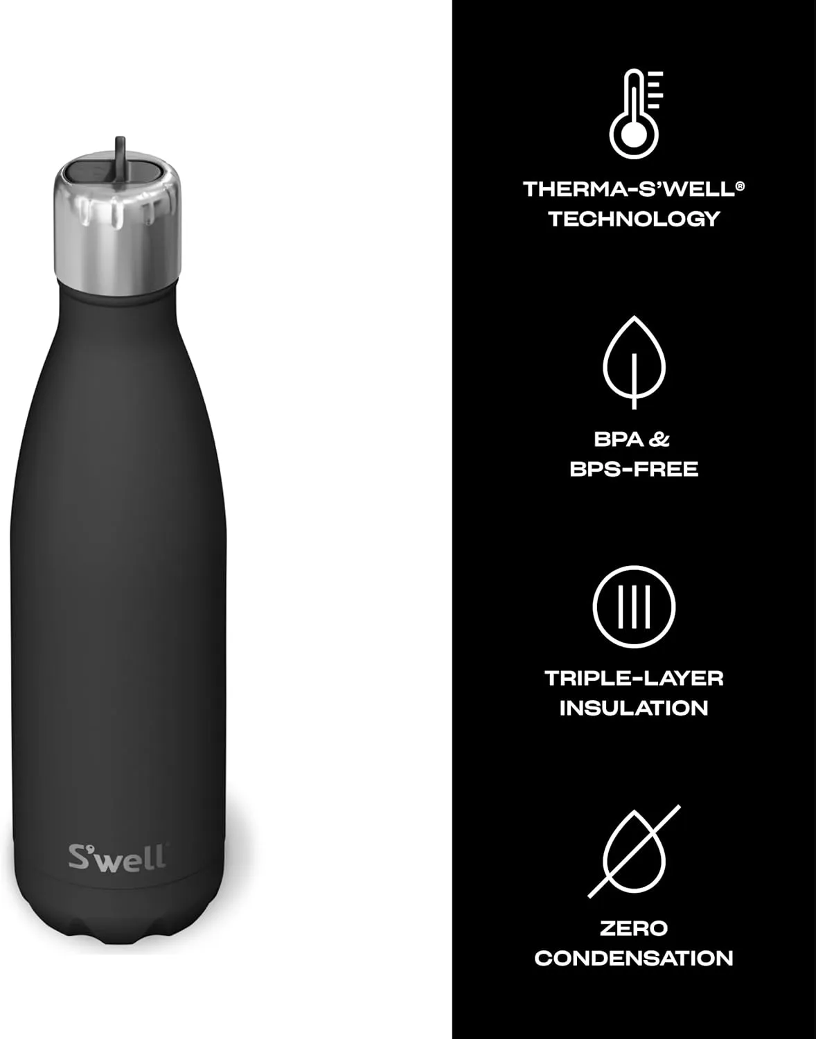 S'well Stainless Steel Water Bottle with Flip Straw Cap, 17oz, Onyx, Triple Layered Vacuum Insulated Containers Keeps Drinks Cold for 36 Hours and Hot for 10, BPA Free, Perfect for On the Go
