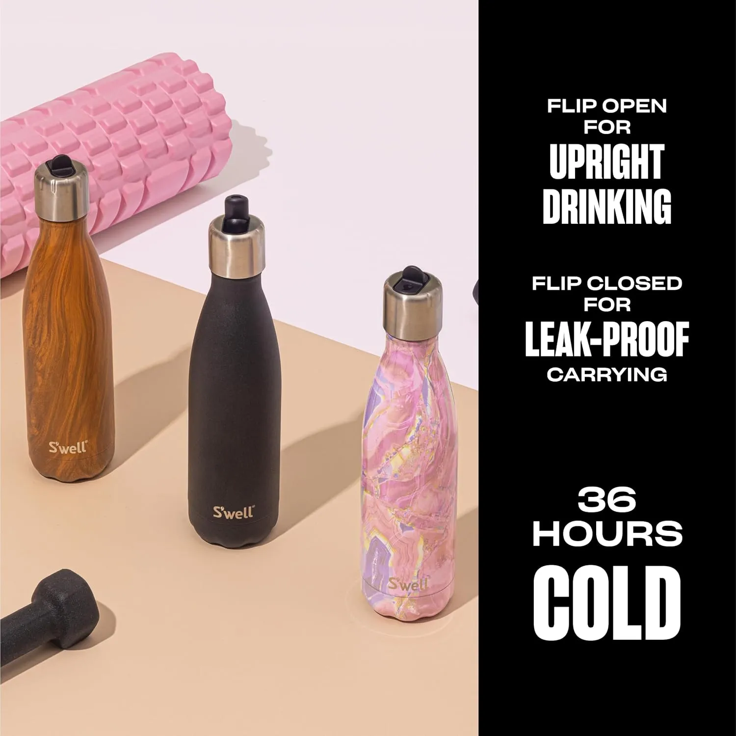 S'well Stainless Steel Water Bottle with Flip Straw Cap, 17oz, Onyx, Triple Layered Vacuum Insulated Containers Keeps Drinks Cold for 36 Hours and Hot for 10, BPA Free, Perfect for On the Go
