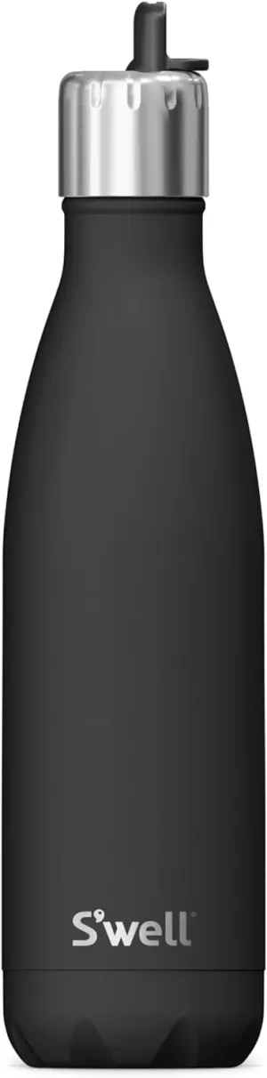 S'well Stainless Steel Water Bottle with Flip Straw Cap, 17oz, Onyx, Triple Layered Vacuum Insulated Containers Keeps Drinks Cold for 36 Hours and Hot for 10, BPA Free, Perfect for On the Go