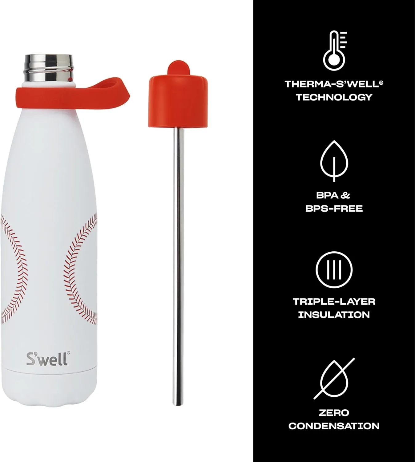 S'well Stainless Steel Water Bottle with Flip Straw Cap and Handle, 17oz, Home Run, Triple Layered Vacuum Insulated Containers Keeps Drinks Cold for 36 Hours and Hot for 10, Perfect for On the Go