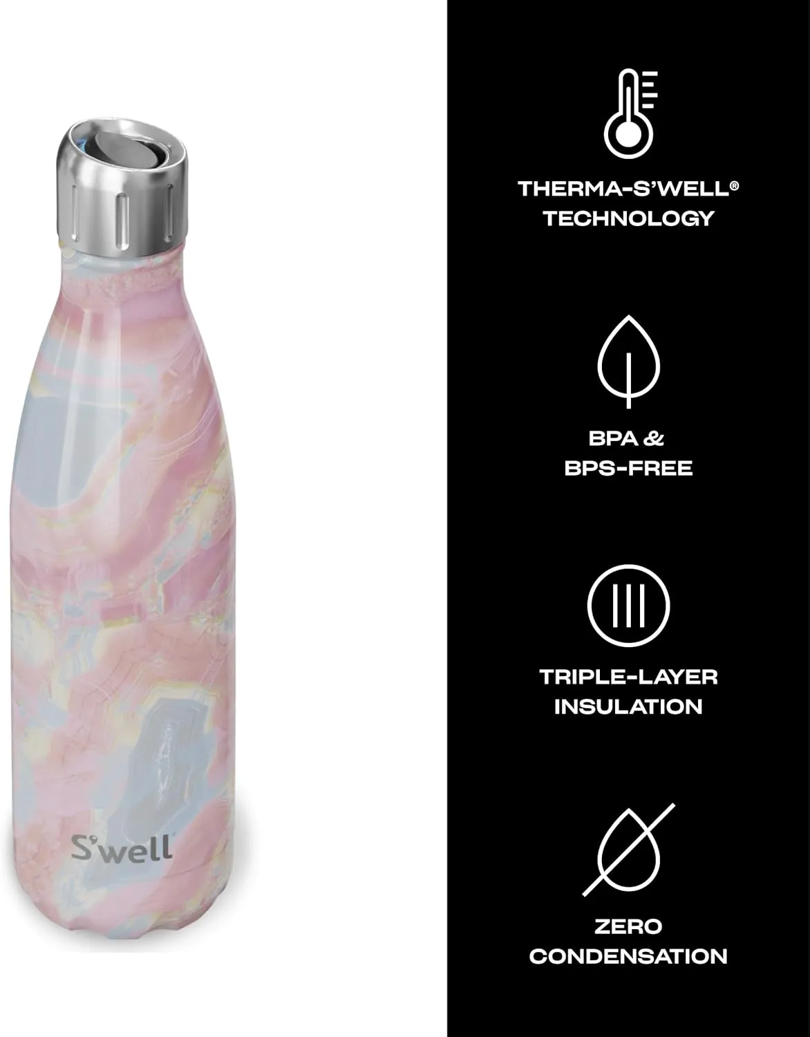 S'well Stainless Steel Water Bottle with Sports, 17oz, Geode Rose, Triple Layered Vacuum Insulated Containers Keeps Drinks Cold for 36 Hours and Hot for 10, BPA Free, Perfect for On the Go