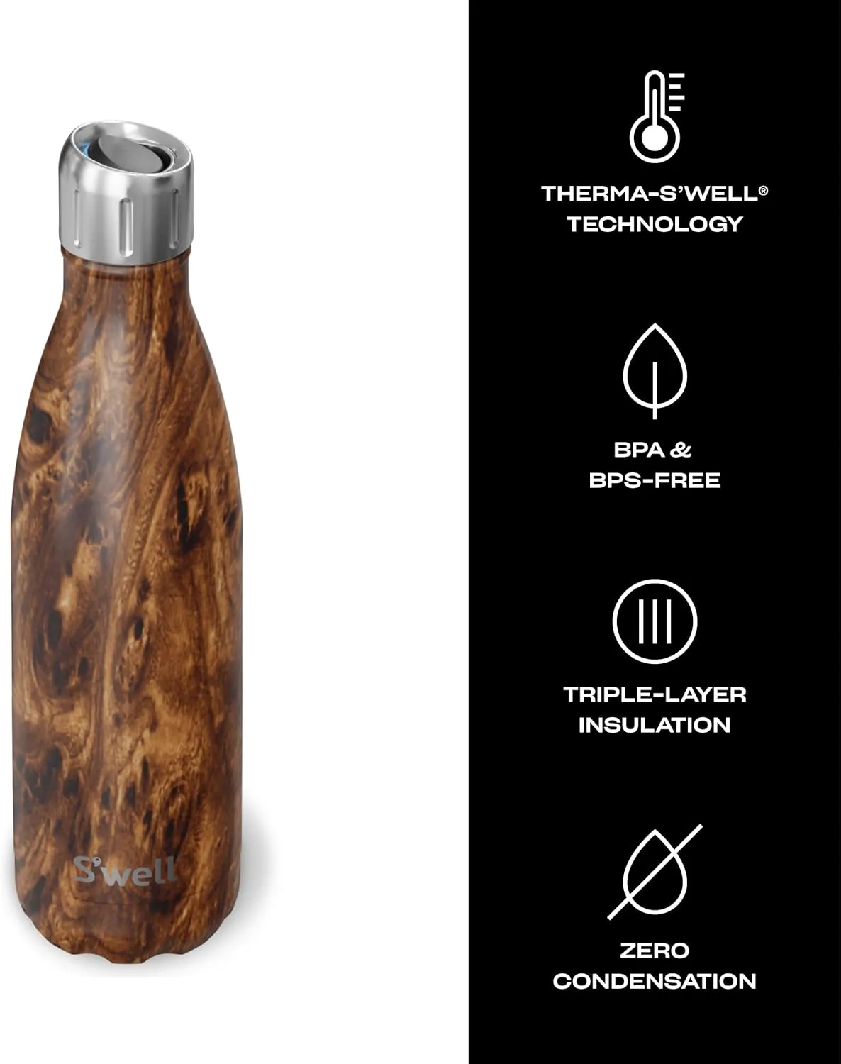 S'well Stainless Steel Water Bottle with Sports Cap, 17oz, Teakwood, Triple Layered Vacuum Insulated Containers Keeps Drinks Cold for 36 Hours and Hot for 10, BPA Free, Perfect for On the Go