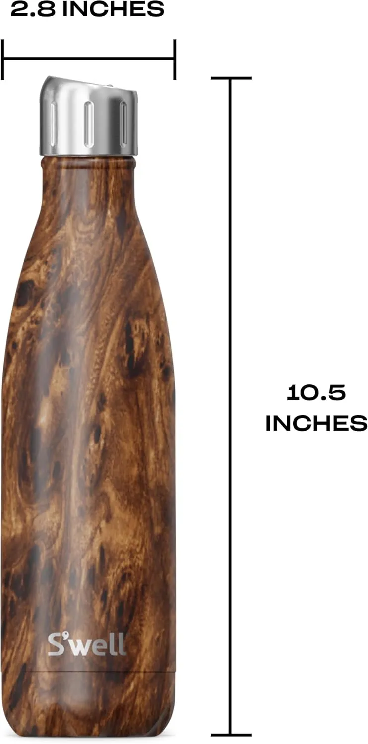 S'well Stainless Steel Water Bottle with Sports Cap, 17oz, Teakwood, Triple Layered Vacuum Insulated Containers Keeps Drinks Cold for 36 Hours and Hot for 10, BPA Free, Perfect for On the Go