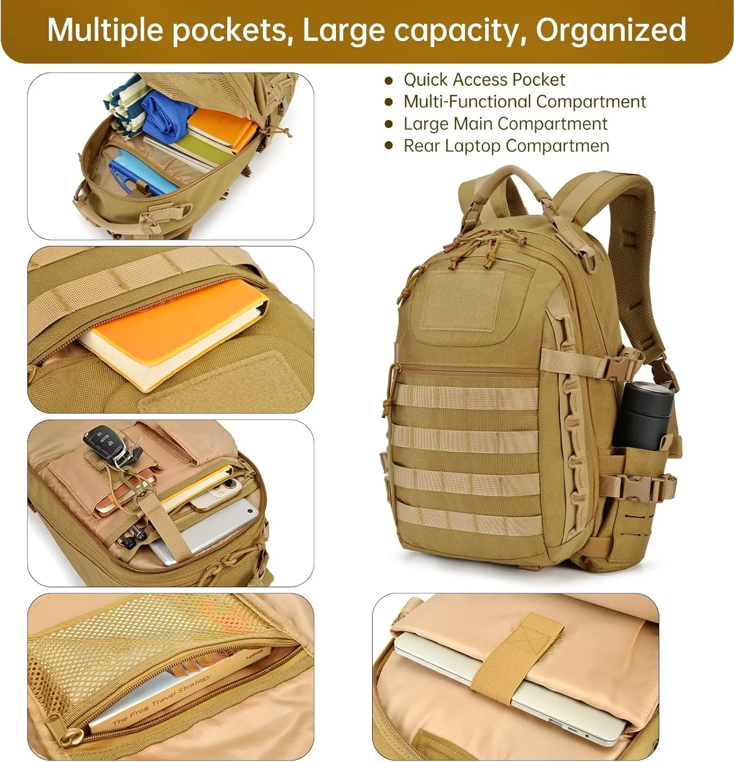 Tactical Backpack for Men 27L Assault Pack MOLLE Pack with Multiple Compartments Outdoor Gear Backpack for Motorcycle, Hiking and Camping Waterproof Daypack(Khaki)