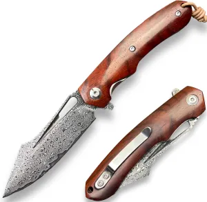 TACTICAL GEARZ Damascus Steel Pocket Folding Knife, Natural Rosewood Handle, 107 Multi-Layered VG10 Damascus Steel Blade (Koa XT)