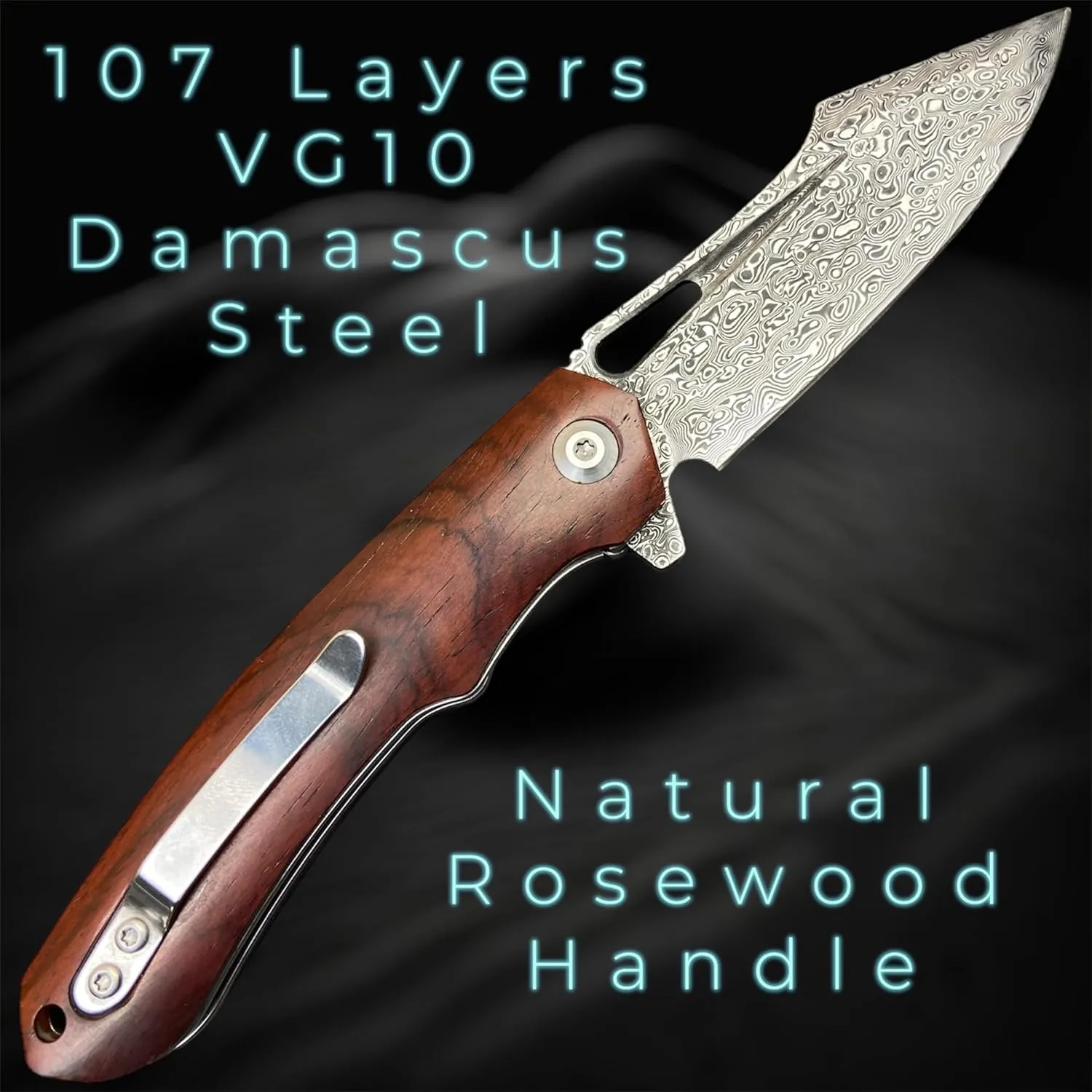 TACTICAL GEARZ Damascus Steel Pocket Folding Knife, Natural Rosewood Handle, 107 Multi-Layered VG10 Damascus Steel Blade (Koa XT)