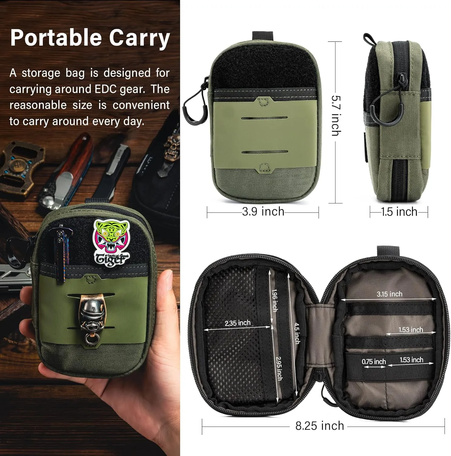 TACTICAL GEEK Block F Portable EDC Pouch, Compact Waist Bag, Molle Pocket Organizer, Multi-Purpose Wallet Crafted from 500D Nylon for Versatile Gear & Card Storage-Green