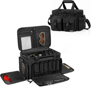 Tactical Gun Range Bag for 4 Handguns, Pistol Shooting Range Bag with 6 Magazine Slots and Multi-Pockets, Lockable Outdoor Hunting and Shooting Range Case