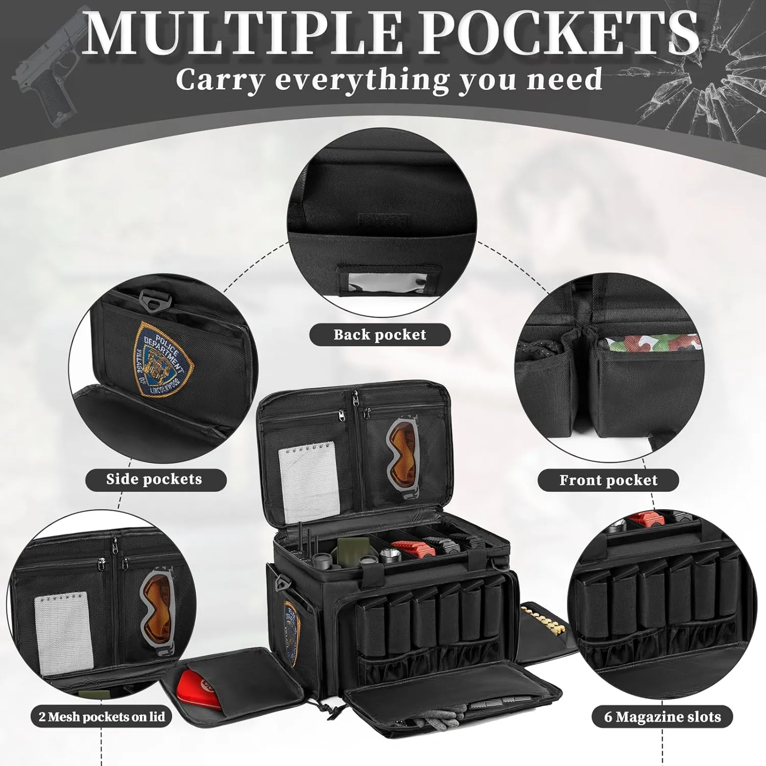 Tactical Gun Range Bag for 4 Handguns, Pistol Shooting Range Bag with 6 Magazine Slots and Multi-Pockets, Lockable Outdoor Hunting and Shooting Range Case