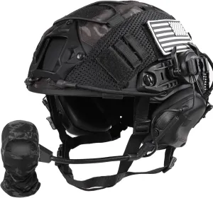 Tactical Helmet with Headset,Adjustable Helmet with Helmet Cover and Fcae Mask for Cosplay Military Tactical Airsoft Gear