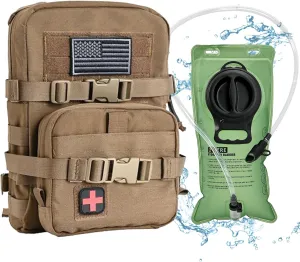 Tactical Mini Molle Hydration Pack,Molle Hydration Carrier with IFAK Pouch&US Flag&Med Patch,Hydropack for 2L Water Bladder
