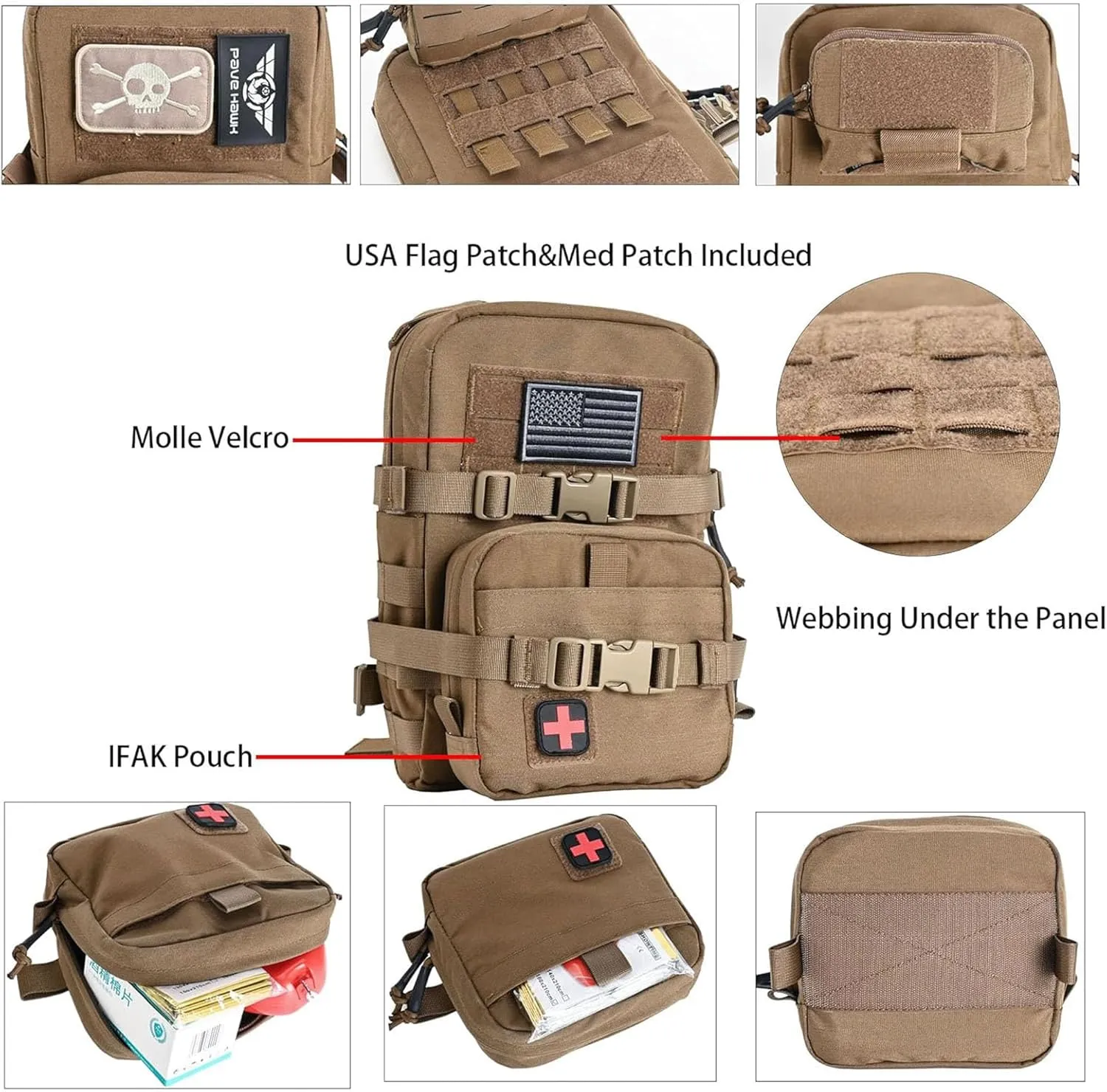 Tactical Mini Molle Hydration Pack,Molle Hydration Carrier with IFAK Pouch&US Flag&Med Patch,Hydropack for 2L Water Bladder