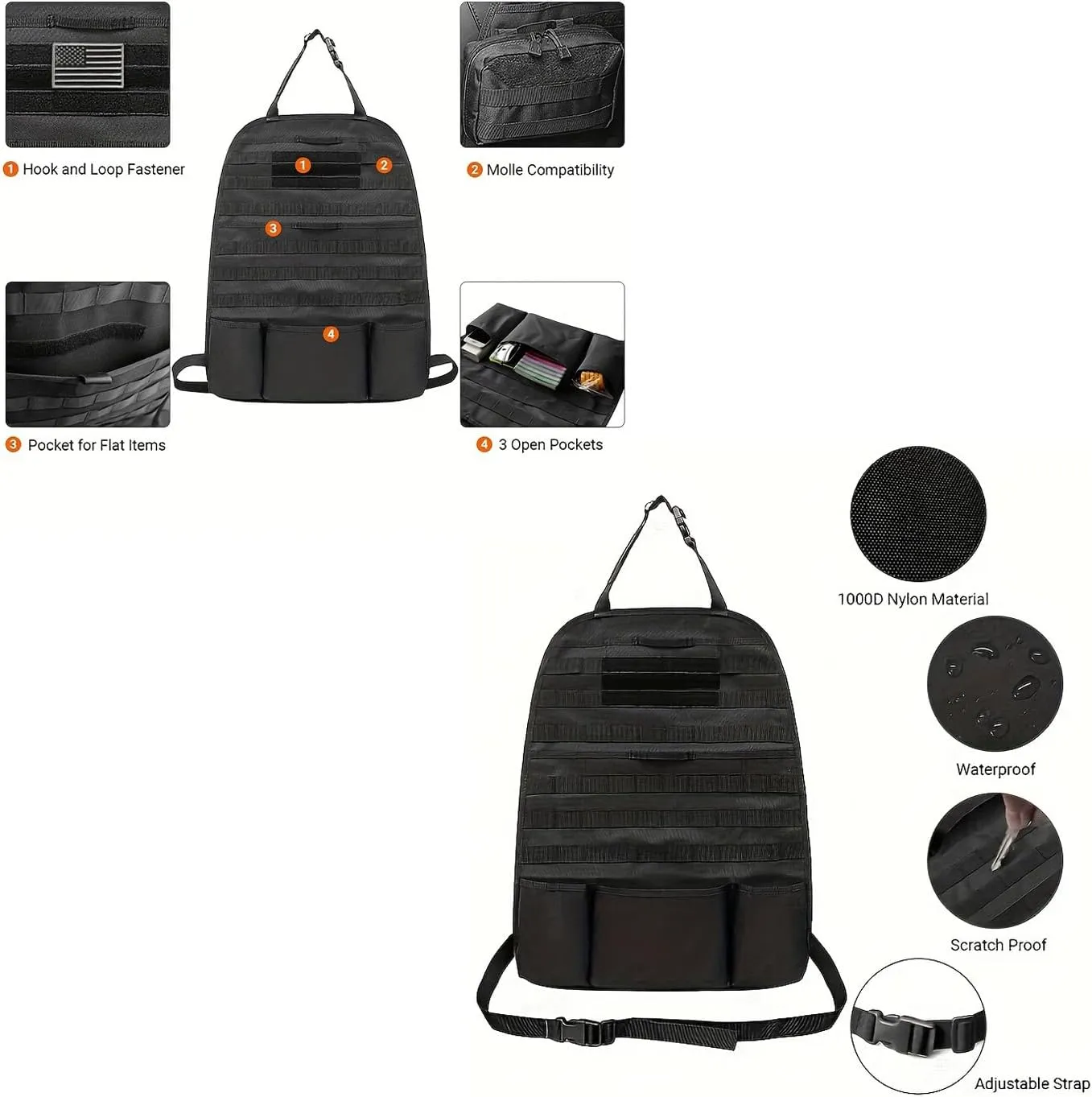 Tactical Molle Car Seat Back Organizer, Molle Multi-function Outdoor Tool Storage Bags with USA Flag Patch, Military Tactical Backpack Organizer Pouches, Multi-Pocket Carabiner Pouch (black)