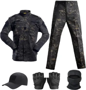 Tactical Suit,Combat Pants and Shirt,Cap Gloves Balaclava Set,Black Camo Uniform Men's Military Airsoft Gear