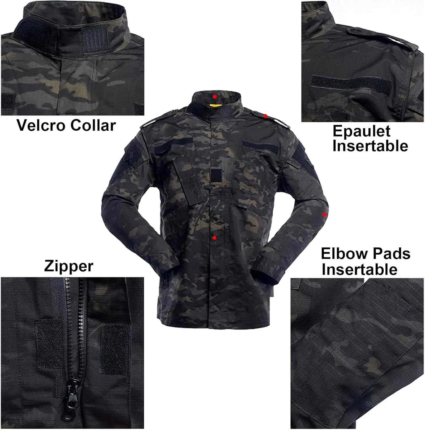 Tactical Suit,Combat Pants and Shirt,Cap Gloves Balaclava Set,Black Camo Uniform Men's Military Airsoft Gear