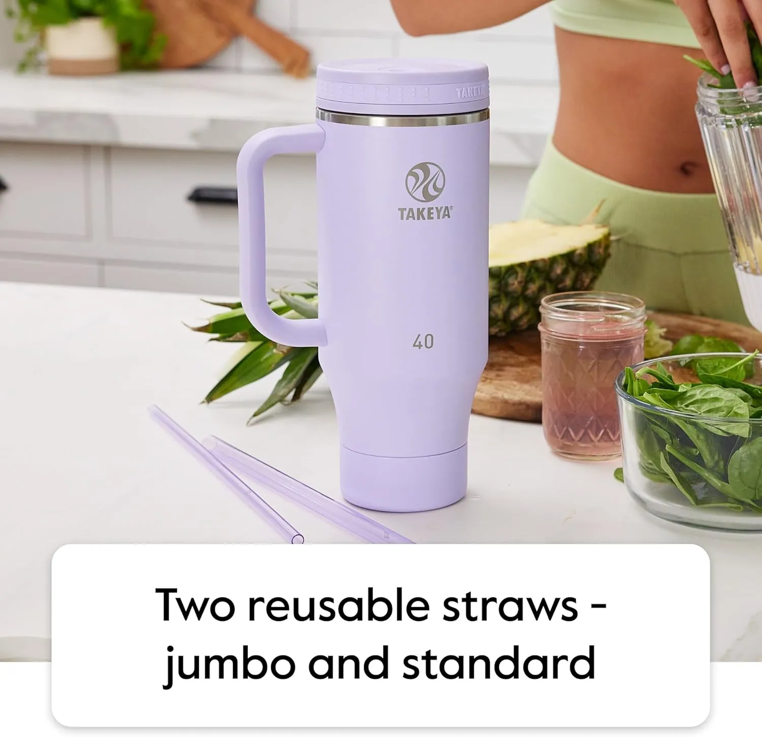 Takeya 40 oz Stainless Steel Tumbler with Lid and Two Straws, Premium Quality, Double Wall Insulated, With Handle, Keep Drinks Cold for Up to 24 Hours, Vivacity Purple