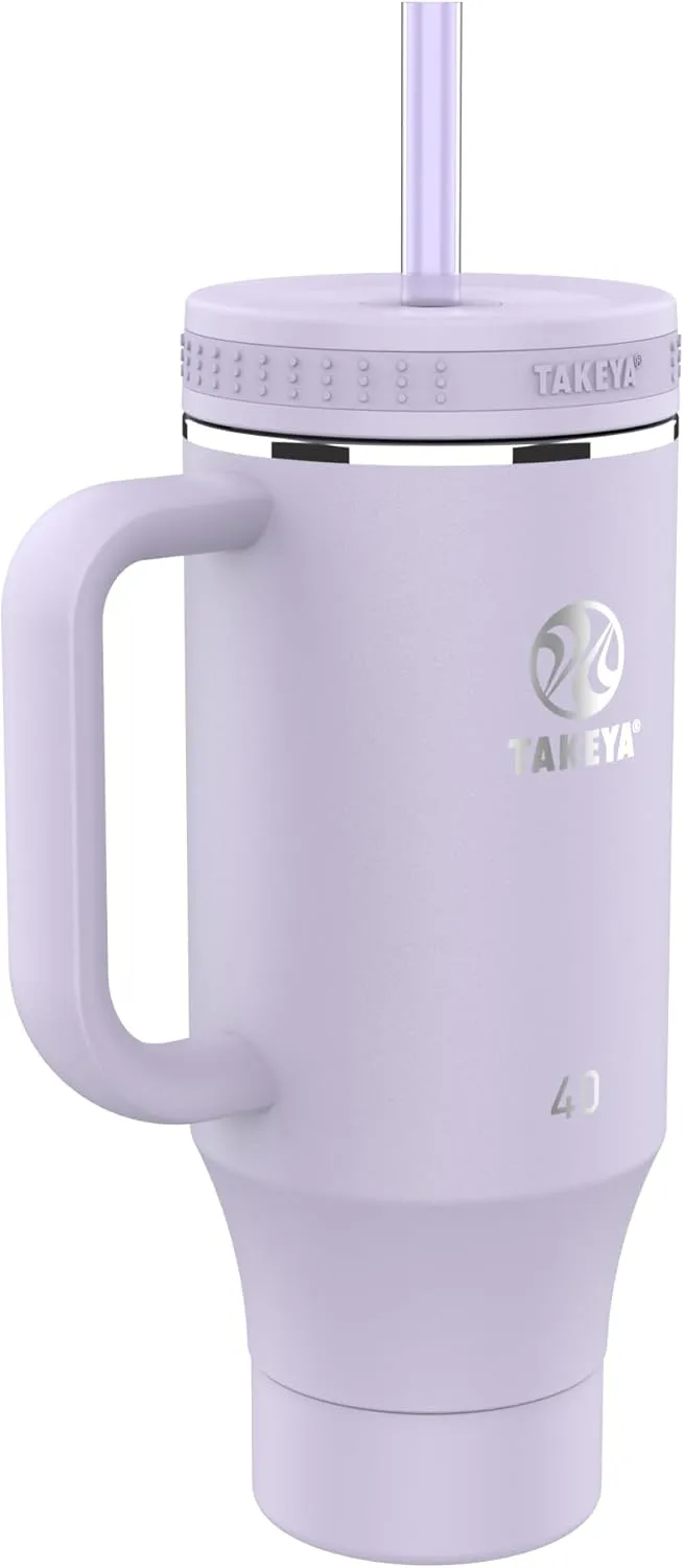 Takeya 40 oz Stainless Steel Tumbler with Lid and Two Straws, Premium Quality, Double Wall Insulated, With Handle, Keep Drinks Cold for Up to 24 Hours, Vivacity Purple