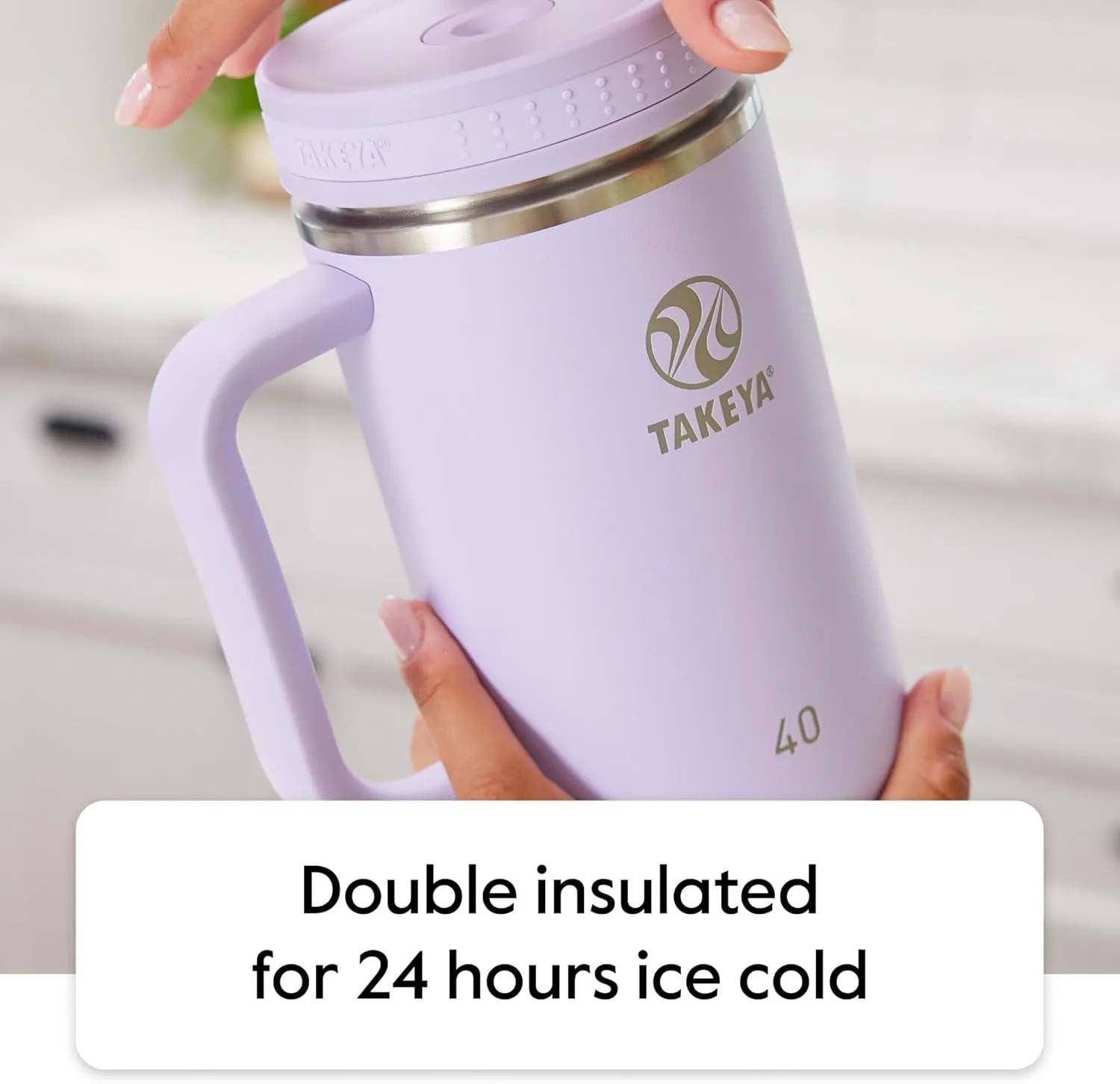 Takeya 40 oz Stainless Steel Tumbler with Lid and Two Straws, Premium Quality, Double Wall Insulated, With Handle, Keep Drinks Cold for Up to 24 Hours, Vivacity Purple