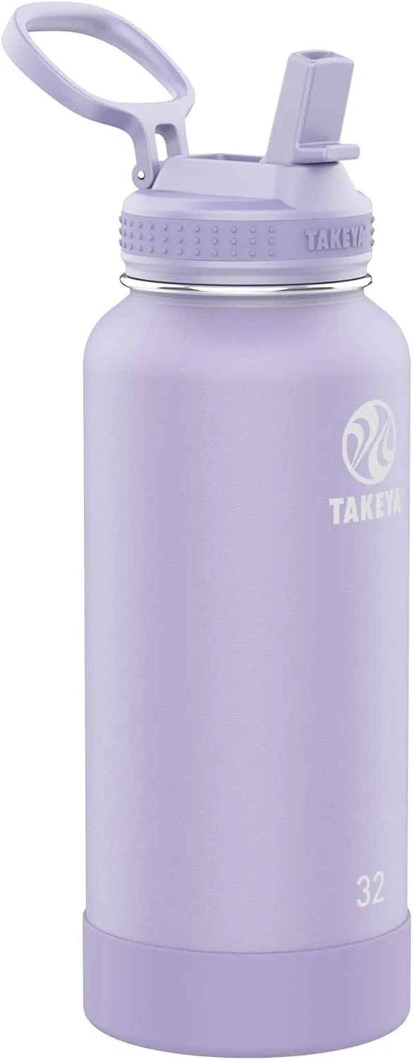 Takeya Actives Insulated Stainless Steel Water Bottle with Straw Lid, 32 Ounce, Lavender Field