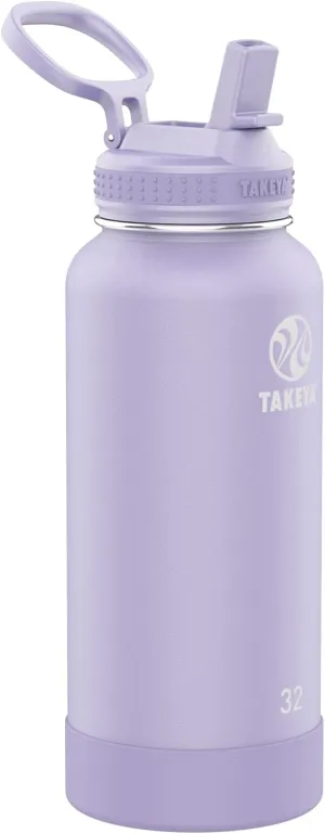 Takeya Actives Insulated Stainless Steel Water Bottle with Straw Lid, 32 Ounce, Lavender Field