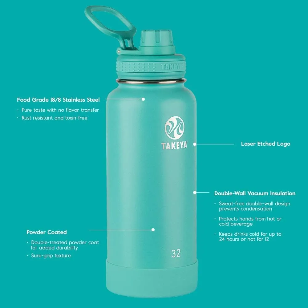 Takeya Actives Water Bottle with Spout Lid - Bottle with Double Stainless Steel Insulation - Dishwasher Safe & BPA-Free - Bottle with Spout Lid & Removable Bumper - 24 oz, Teal
