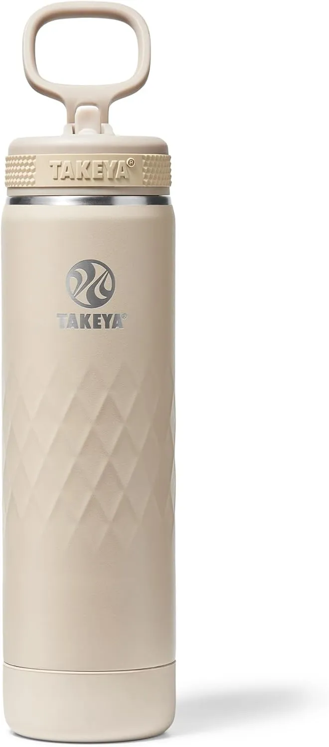 Takeya Sport 22 oz Triple-Insulated Stainless Steel Water Bottle, Straw Lid – Leakproof, Sweatproof, BPA-Free, Keeps Drinks Cold 36 Hrs, Hot 14 Hrs – Almond