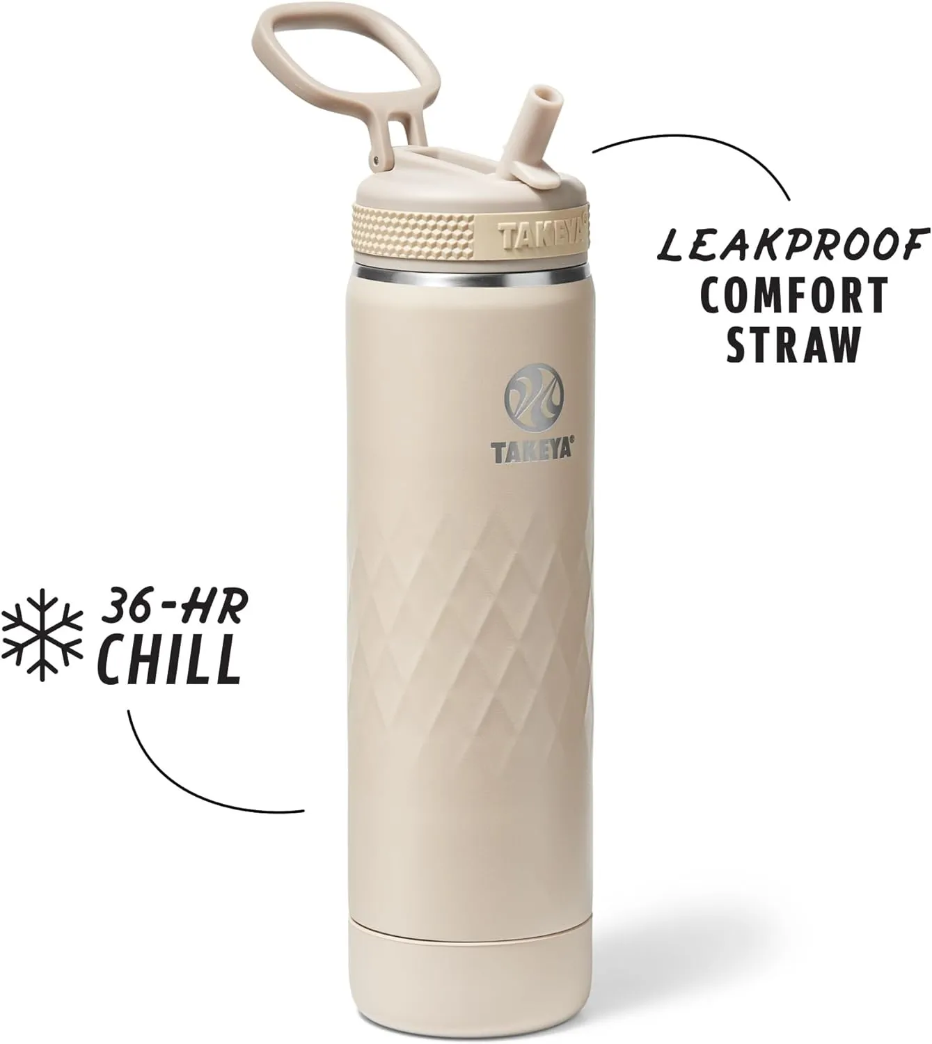 Takeya Sport 22 oz Triple-Insulated Stainless Steel Water Bottle, Straw Lid – Leakproof, Sweatproof, BPA-Free, Keeps Drinks Cold 36 Hrs, Hot 14 Hrs – Almond