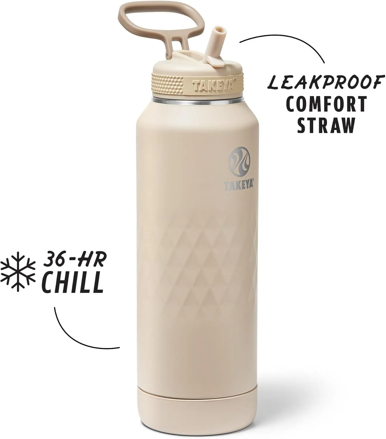 Takeya Sport 40 oz Triple-Insulated Stainless Steel Water Bottle, Straw Lid – Leakproof, Sweatproof, BPA-Free, Keeps Drinks Cold 36 Hrs, Hot 14 Hrs – Almond