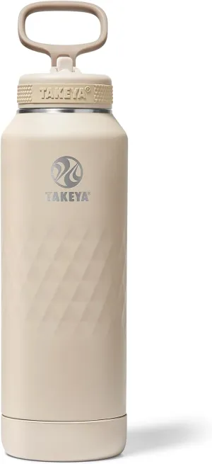 Takeya Sport 40 oz Triple-Insulated Stainless Steel Water Bottle, Straw Lid – Leakproof, Sweatproof, BPA-Free, Keeps Drinks Cold 36 Hrs, Hot 14 Hrs – Almond